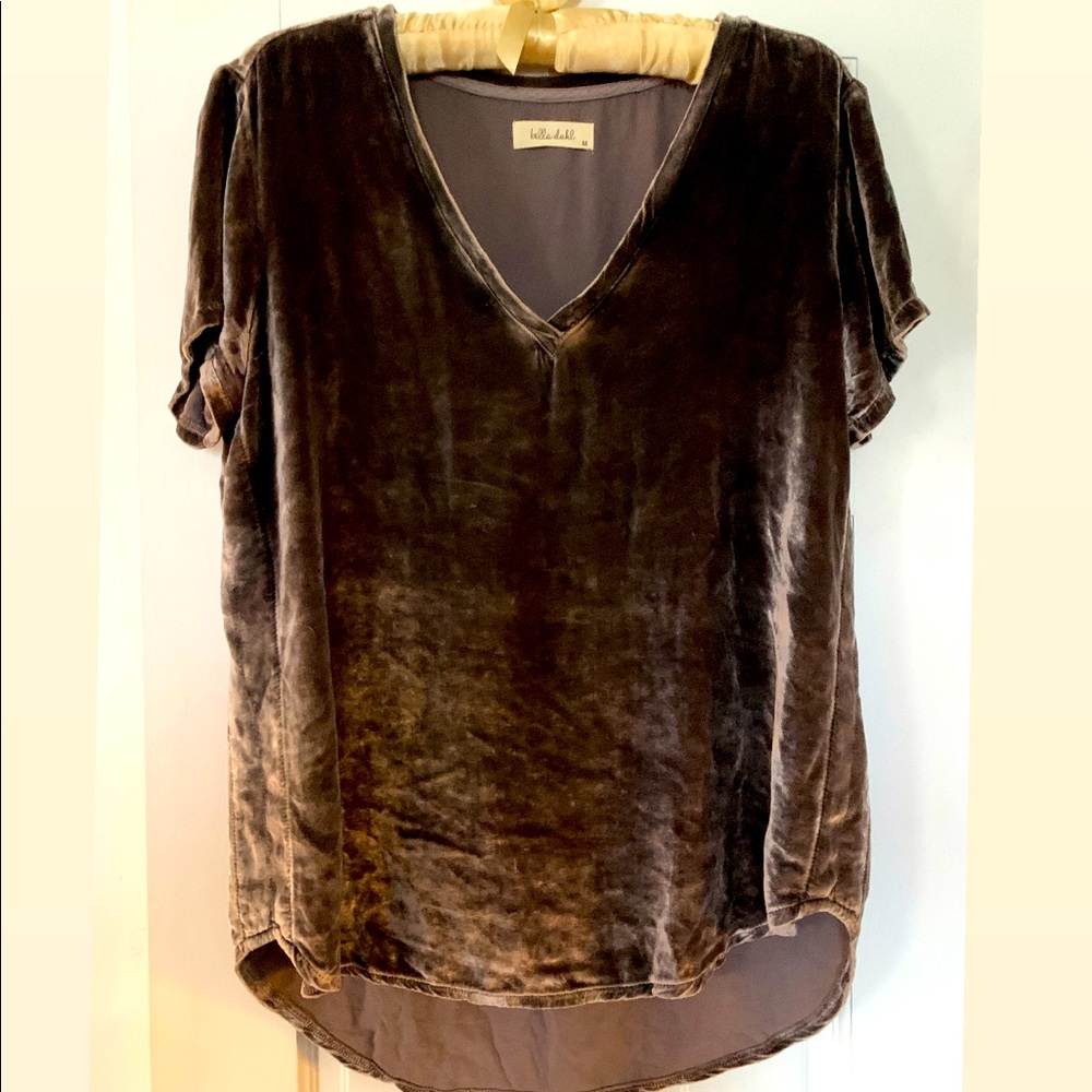Bella Dahl Shimmery Velvet V-Neck Tee Shirt Taupe Medium